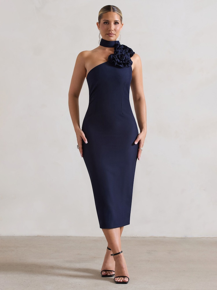 Club L London Navy Blue The Soiree Bodycon Midi Dress With Ruffled Choker - Image 1 of 5