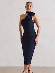 Club L London Navy Blue The Soiree Bodycon Midi Dress With Ruffled Choker - Image 2 of 5