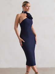 Club L London Navy Blue The Soiree Bodycon Midi Dress With Ruffled Choker - Image 3 of 5