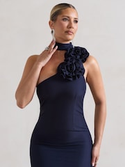 Club L London Navy Blue The Soiree Bodycon Midi Dress With Ruffled Choker - Image 4 of 5