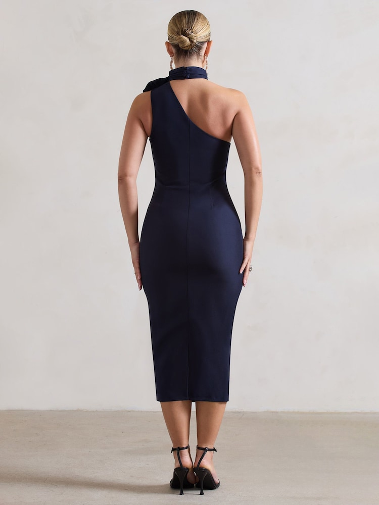 Club L London Navy Blue The Soiree Bodycon Midi Dress With Ruffled Choker - Image 5 of 5