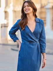 Sosandar Blue Denim Wrap Dress - Image 3 of 5