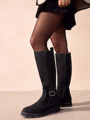 Black Extra Wide Fit Forever Comfort® Knee High Buckle Chelsea Boots - Image 1 of 8
