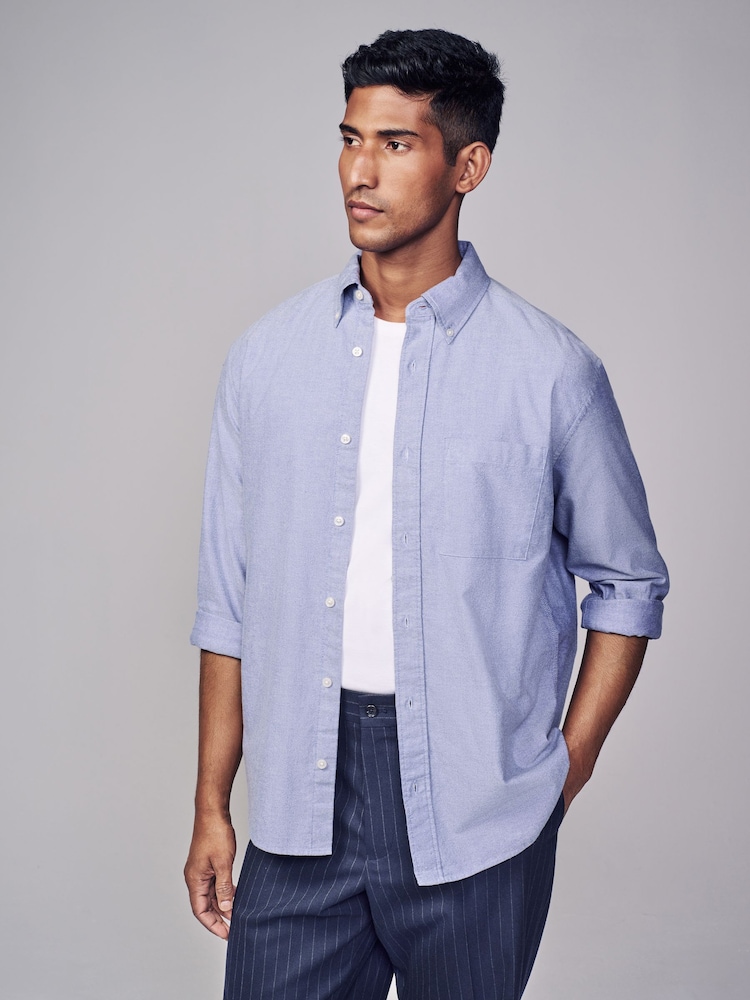 Light Blue Brushed 100% Cotton Oxford Long Sleeve Shirt - Image 1 of 7
