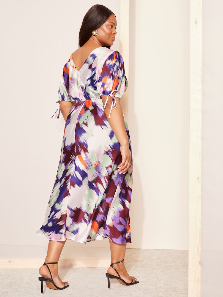 Curves Like These White Printed Satin Puff Sleeve Midi Dress - Image 4 of 4