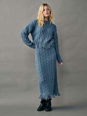 Indigo Blue Cable Knit Fringe Midi Skirt - Image 1 of 4