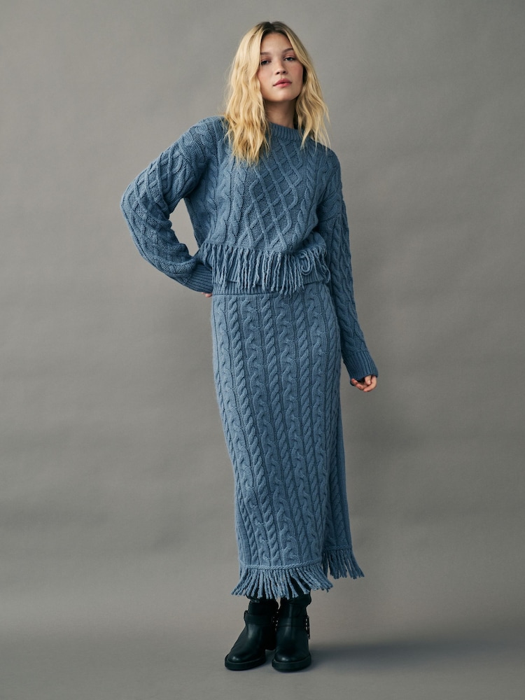 Indigo Blue Cable Knit Fringe Midi Skirt - Image 1 of 4