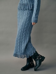 Indigo Blue Cable Knit Fringe Midi Skirt - Image 2 of 4