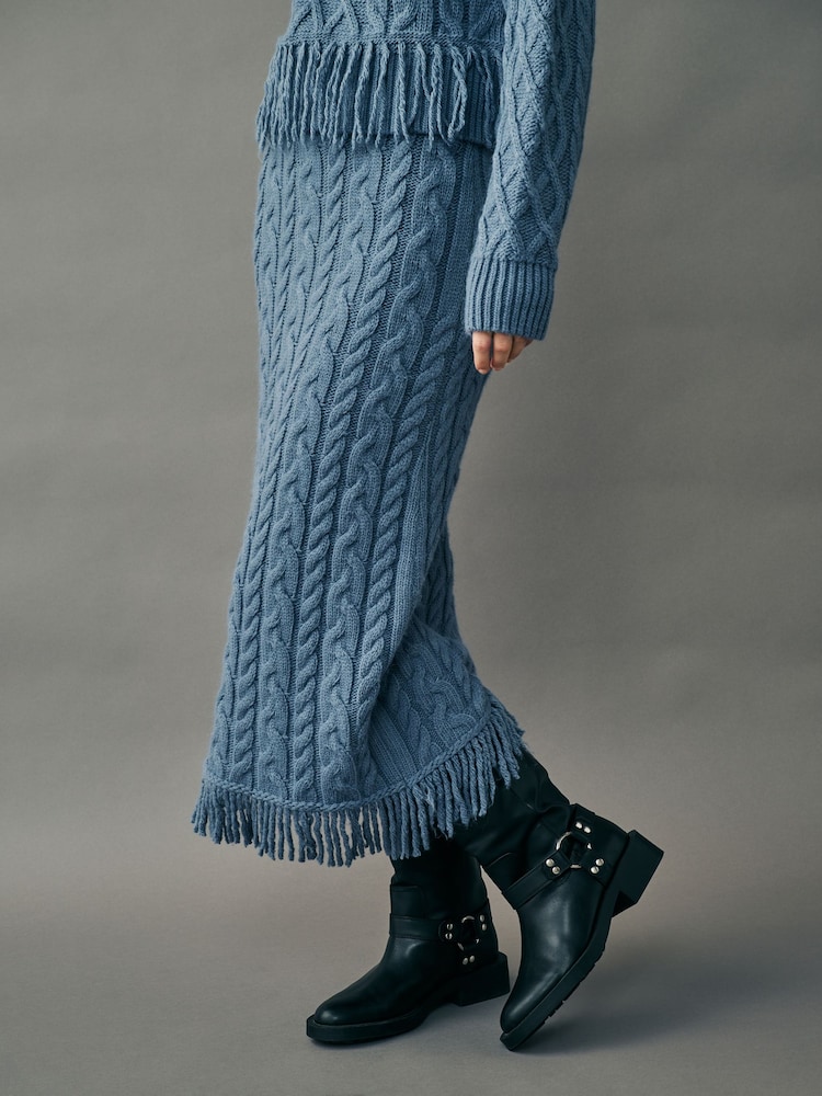 Indigo Blue Cable Knit Fringe Midi Skirt - Image 2 of 4