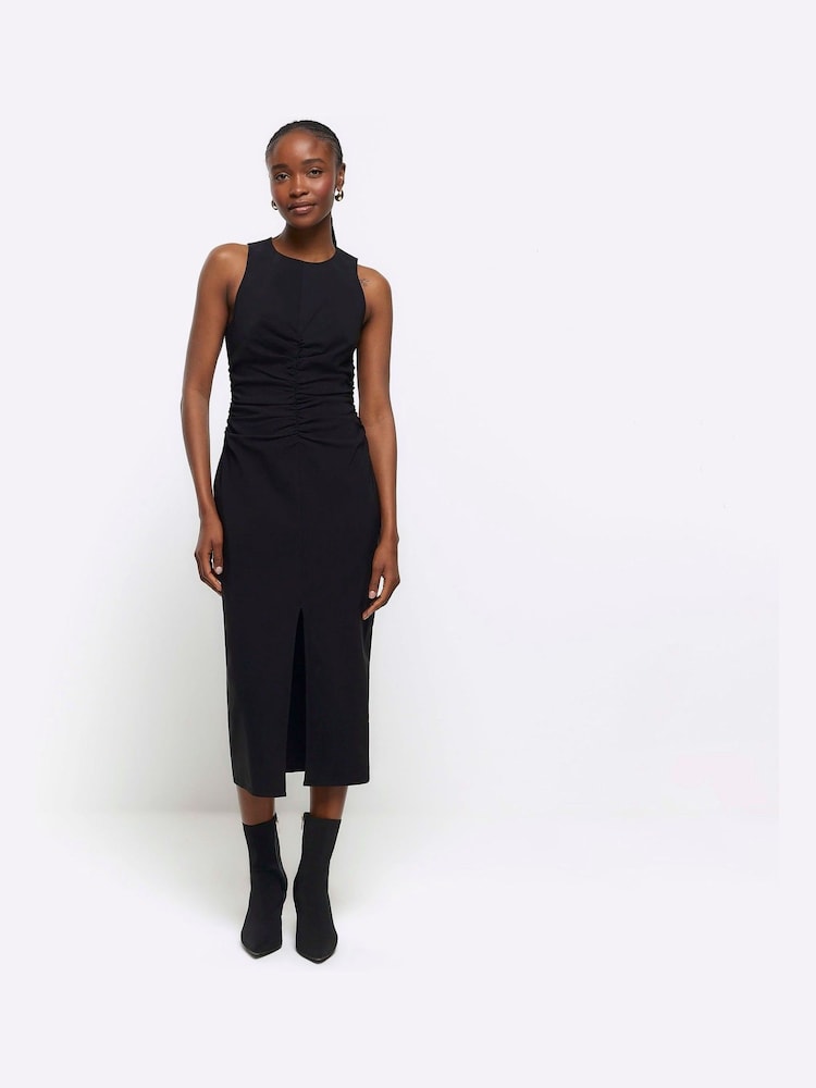 River Island Black Sleeveless Ruched Detail Dress - Image 1 of 4 River Island Black Sleeveless Ruched Detail Dress - Image 1 of 4