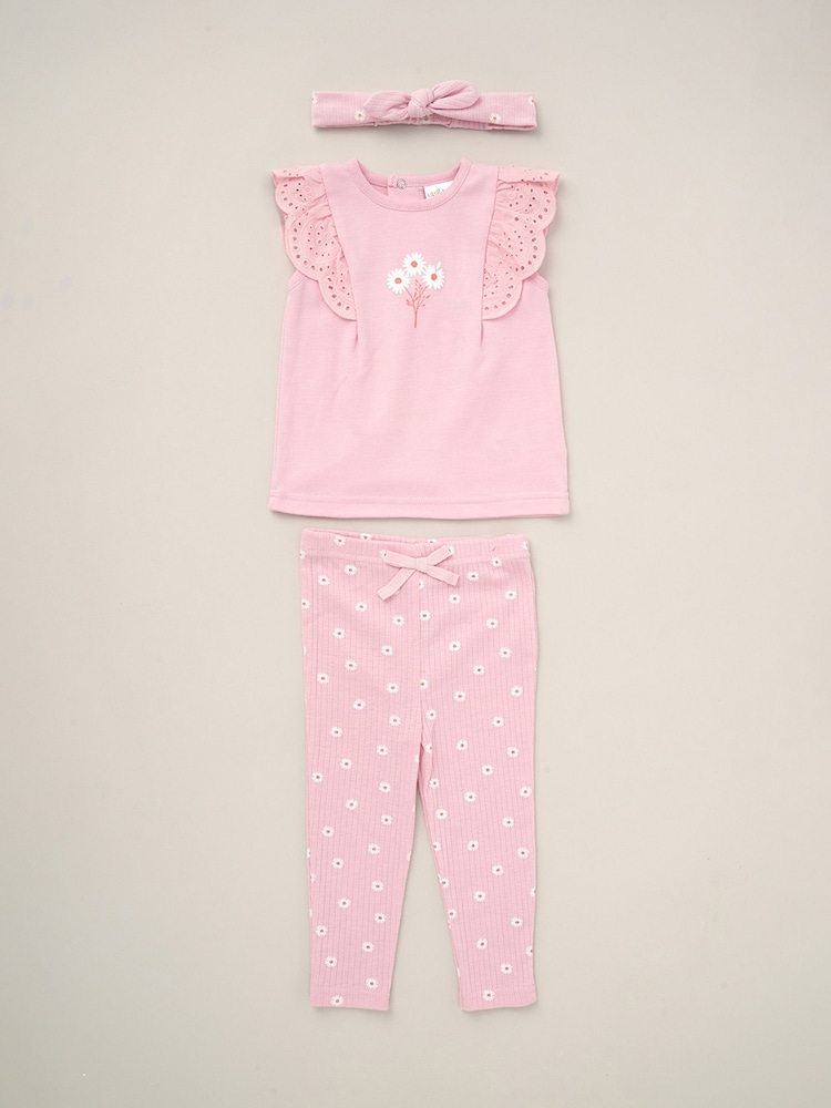 Lily & Jack Pink Broderie Detail Top Joggers And Headband Outfit Set 3 Piece - Image 1 of 5