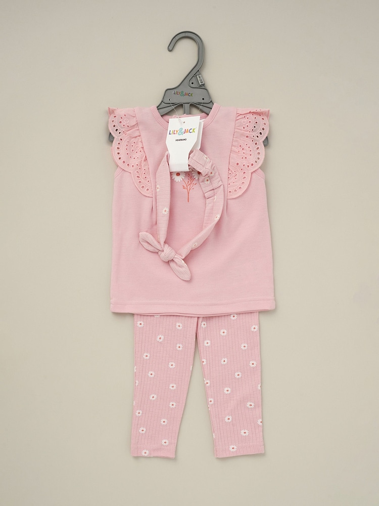 Lily & Jack Pink Broderie Detail Top Joggers And Headband Outfit Set 3 Piece - Image 2 of 5