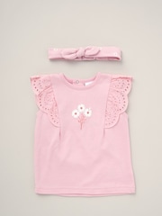 Lily & Jack Pink Broderie Detail Top Joggers And Headband Outfit Set 3 Piece - Image 3 of 5