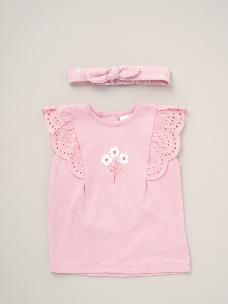 Lily & Jack Pink Broderie Detail Top Joggers And Headband Outfit Set 3 Piece - Image 3 of 5