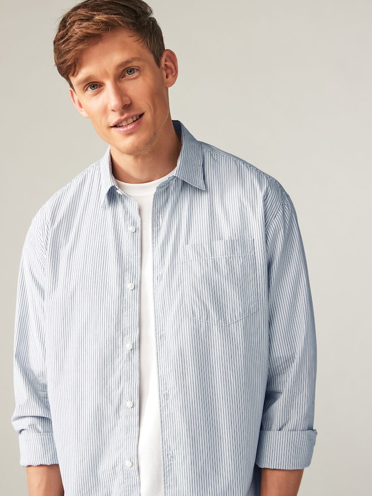 Dark Blue 100% Cotton Stripe Long Sleeve Shirt - Image 1 of 7