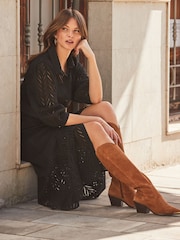 Sosandar Black 100% Cotton Broderie Detail Midi Shirt Dress - Image 2 of 5