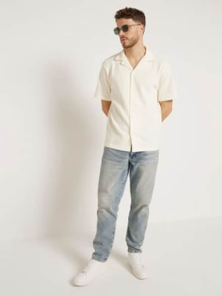 River Island Cream Short Sleeve Regular Fit Revere Plisse 100% Cotton Shirt - Image 2 of 6