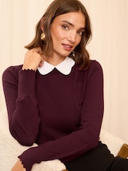 Love & Roses Red Fine Gauge Woven Collar Jumper - Image 1 of 4