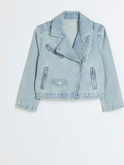 River Island Blue Girls 100% Cotton Denim Biker Jacket - Image 1 of 3