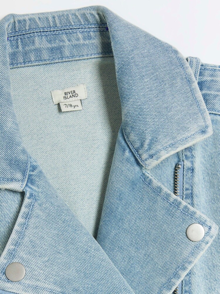 River Island Blue Girls 100% Cotton Denim Biker Jacket - Image 2 of 3