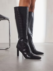 Black Croc Effect Forever Comfort® Knee High Heeled Boots - Image 2 of 9