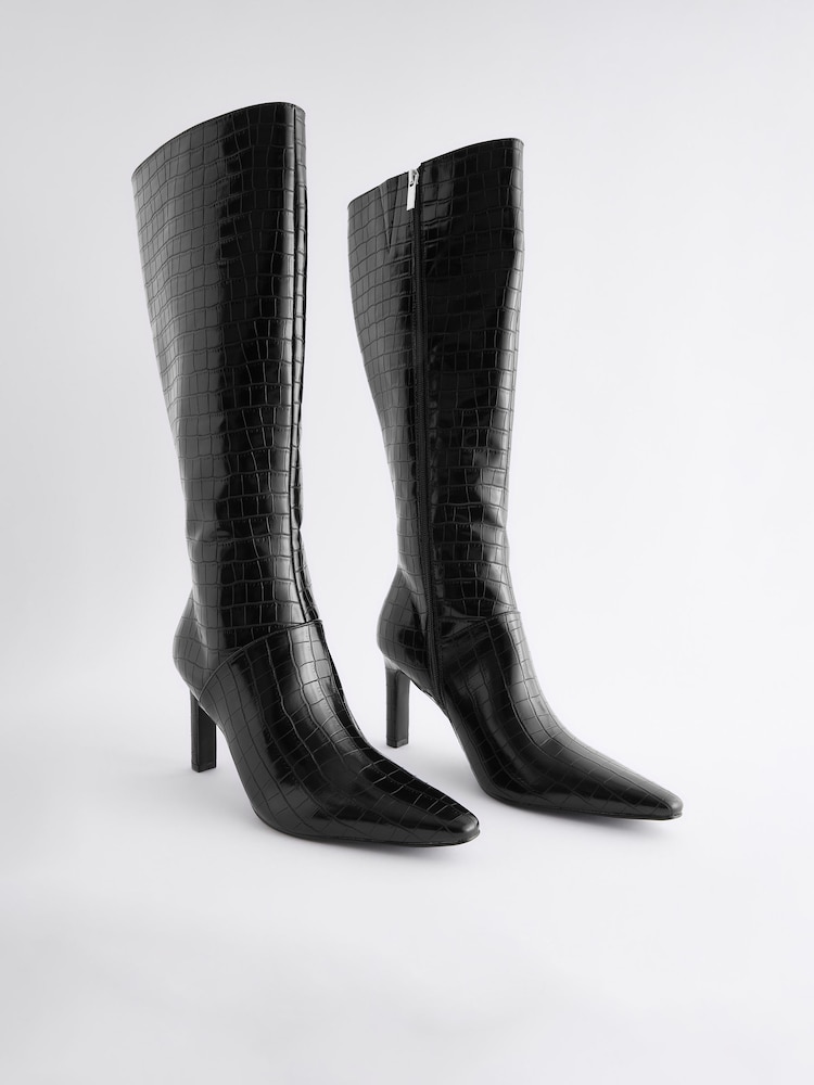 Black Croc Effect Forever Comfort® Knee High Heeled Boots - Image 6 of 9