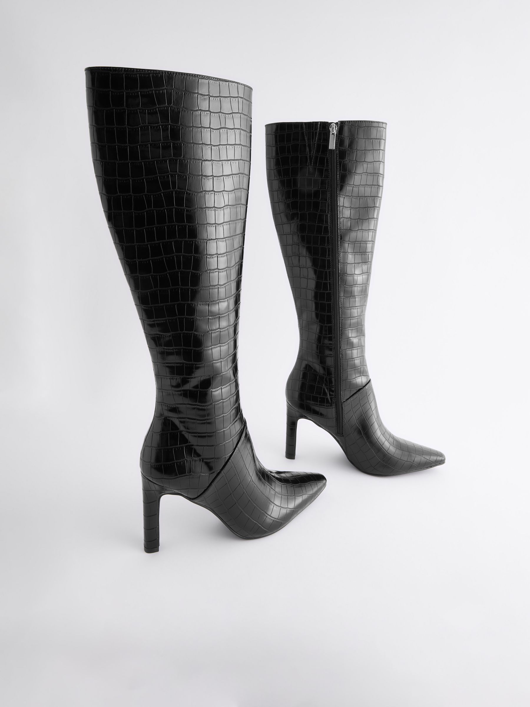 Buy Black Croc Effect Forever Comfort Knee High Heeled Boots from the Next UK online shop