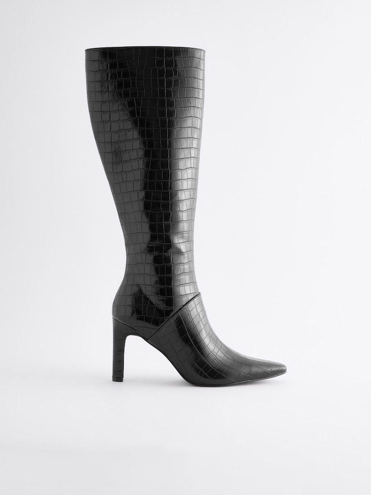 Black Croc Effect Forever Comfort® Knee High Heeled Boots - Image 8 of 9