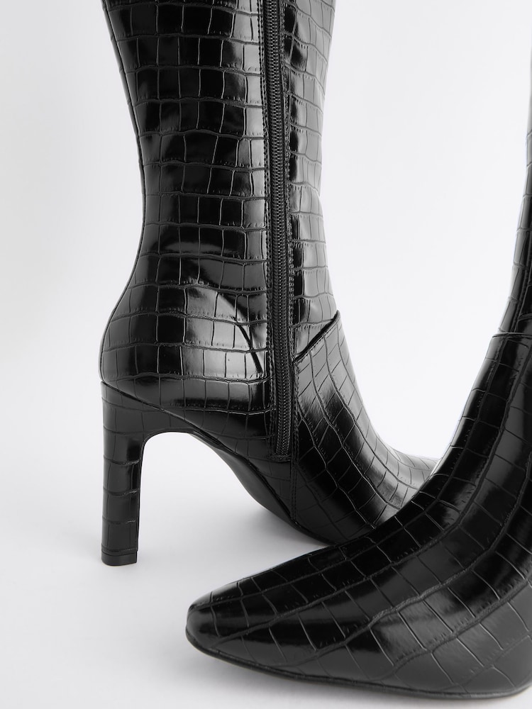 Black Croc Effect Forever Comfort® Knee High Heeled Boots - Image 9 of 9