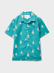 Crew Clothing Blue Sailing Boat Print Linen-Blend Resort Shirt - Image 1 of 3