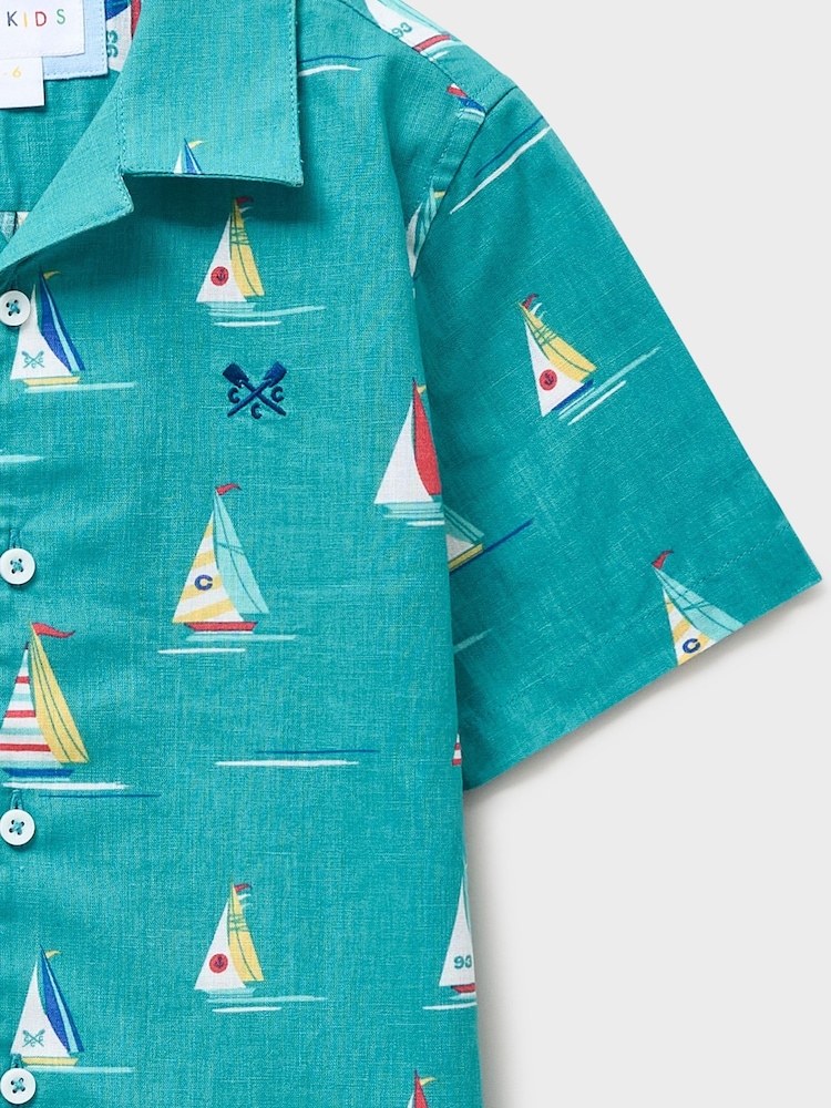 Crew Clothing Blue Sailing Boat Print Linen-Blend Resort Shirt - Image 3 of 3 Crew Clothing Blue Sailing Boat Print Linen-Blend Resort Shirt - Image 3 of 3