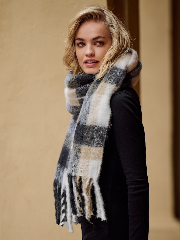 The Set Charcoal Grey/Neautral Check 2 Pack Chunky Scarfs - Image 1 of 4