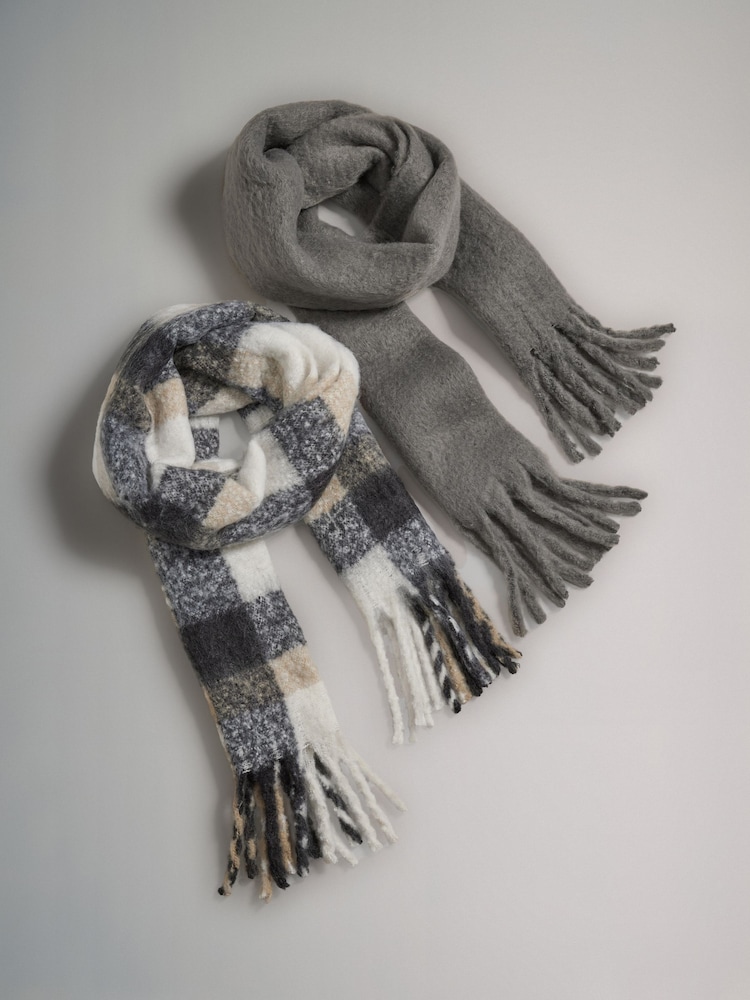 The Set Charcoal Grey/Neautral Check 2 Pack Chunky Scarfs - Image 2 of 4