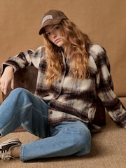 Burgundy Red/Ecru Cream Check Long Sleeve Shacket - Image 1 of 7