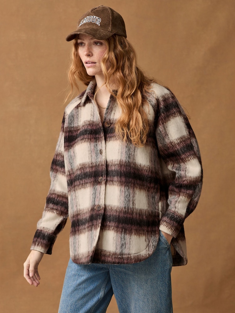 Burgundy Red/Ecru Cream Check Long Sleeve Shacket - Image 2 of 7