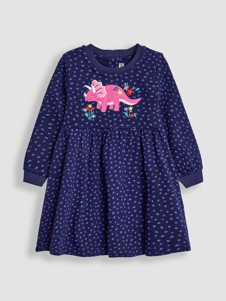 JoJo Maman Bébé Navy Blue Dino Appliqué Sweat Dress - Image 1 of 3