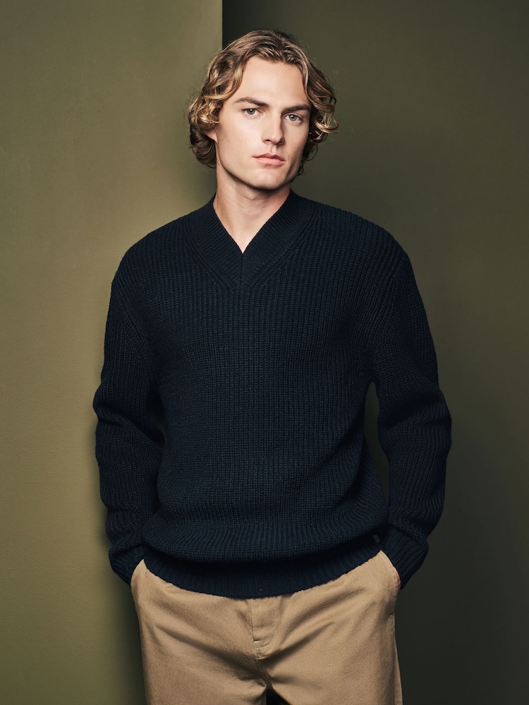 Black V-Neck Regular Fit Rib Texture Jumper with Wool - Image 1 of 7 Black V-Neck Regular Fit Rib Texture Jumper with Wool - Image 1 of 7