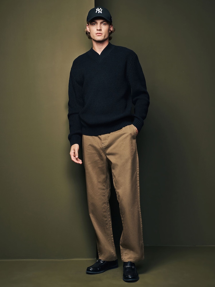 Black V-Neck Regular Fit Rib Texture Jumper with Wool - Image 2 of 7 Black V-Neck Regular Fit Rib Texture Jumper with Wool - Image 2 of 7