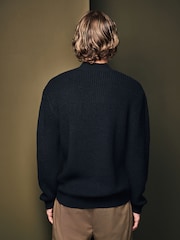 Black V-Neck Regular Fit Rib Texture Jumper with Wool - Image 3 of 7