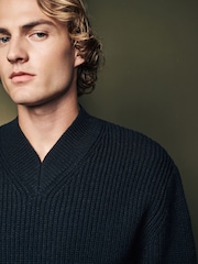 Black V-Neck Regular Fit Rib Texture Jumper with Wool - Image 4 of 7