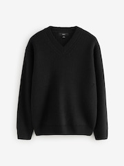 Black V-Neck Regular Fit Rib Texture Jumper with Wool - Image 5 of 7