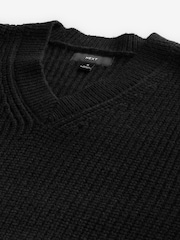 Black V-Neck Regular Fit Rib Texture Jumper with Wool - Image 6 of 7