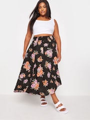 Yours Curve Black Red Floral Print Tulip Skirt - Image 1 of 5