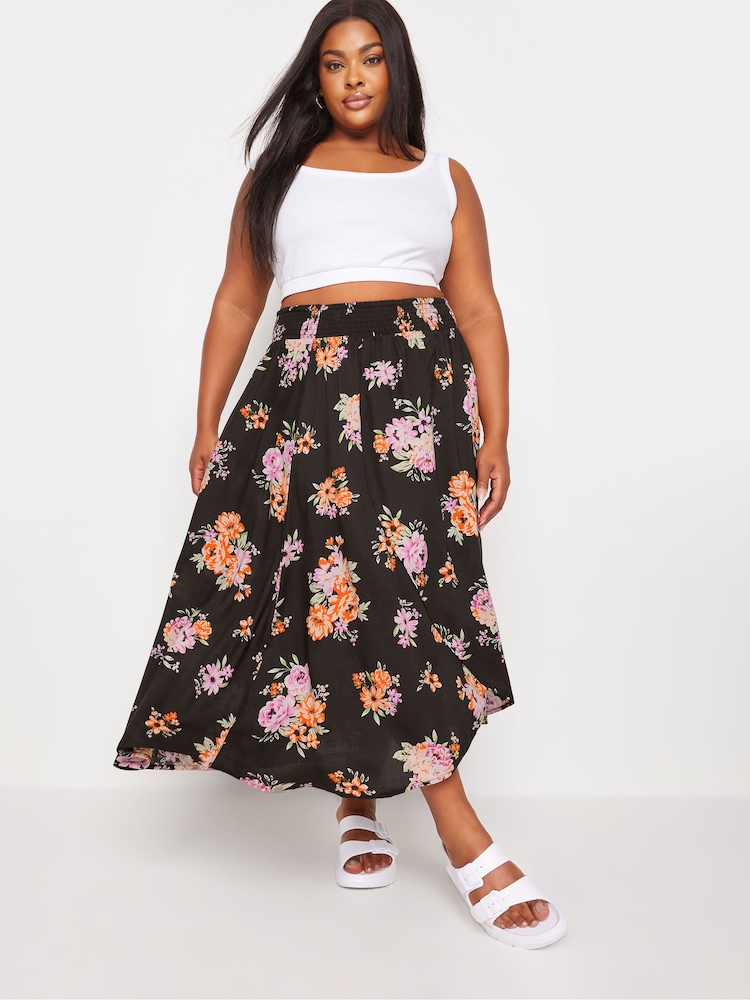 Yours Curve Black Red Floral Print Tulip Skirt - Image 1 of 5