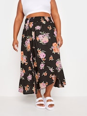 Yours Curve Black Red Floral Print Tulip Skirt - Image 2 of 5