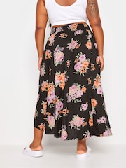 Yours Curve Black Red Floral Print Tulip Skirt - Image 3 of 5