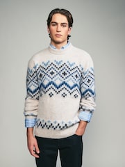 Black/Ecru Fairisle Pattern Relaxed Fit Brushed Crew Jumper - Image 1 of 7