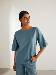 Blue Relaxed Fit Boxy 100% Cotton Slouch Shoulder T-Shirt - Image 1 of 6