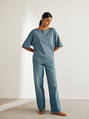 Blue Relaxed Fit Boxy 100% Cotton Slouch Shoulder T-Shirt - Image 3 of 6