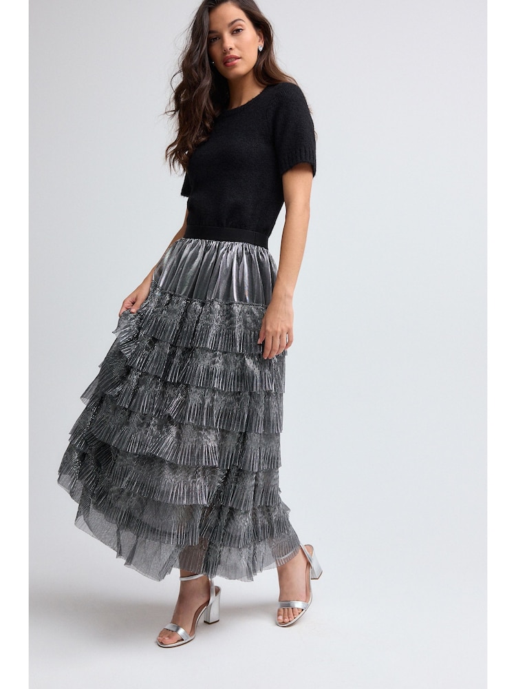 Silver Mesh Tulle Midi Skirt - Image 1 of 8